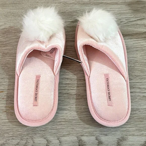 New Victoria's Secret Slippers Small 5 6 Pink Velour White Pom NWT - Picture 5 of 10